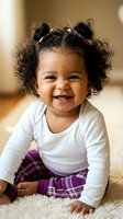 Happy African American toddler girl with curly hair and pink bows sitting on fluffy rug, smiling joyfully in white shirt and purple plaid pants at home.