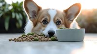 Pembroke Welsh Corgi dog resting head near food bowl and scattered dry kibble on floor during feeding time, warm sunset lighting creates cozy atmosphere.