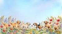 Golden retriever and beagle puppies playing in wildflower meadow with lavender and poppies. Cheerful spring scene for children's books, greeting cards, and nursery decor.