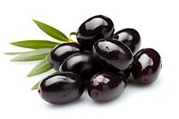 Fresh black olives with green leaves isolated on white background, macro shot showing glossy texture and natural details for food photography and culinary design.