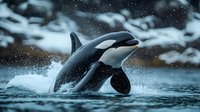 Majestic orca whale breaching ocean surface during snowfall, creating dramatic splash against dark winter waters, showcasing power and grace of marine predator.