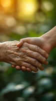 Young and elderly hands clasped together in caring gesture against soft bokeh nature background, representing support, generations and family connection.