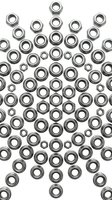 Metal eyelets grommets scattered on white background. Industrial hardware fasteners for leather craft, fabric reinforcement, clothing accessories isolated.