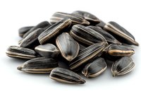 Black striped sunflower seeds in shell macro shot on white background, perfect for packaging design, healthy snack advertising or food industry marketing materials.