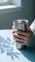 Woman hands holding stainless steel travel mug in modern bathroom interior with natural light and plant shadows for morning routine and lifestyle.