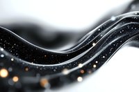 Abstract black and white wavy lines with golden bokeh lights and glitter particles creating elegant flowing motion against dark background.