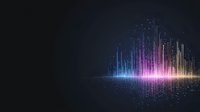 Glowing audio wave spectrum visualization with colorful light effects on dark background, digital sound equalizer with particles and reflections.