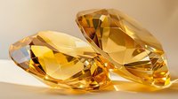 Faceted golden citrine gemstones with brilliant cuts and multiple reflective surfaces catching light on neutral background, luxury jewelry concept for design projects.
