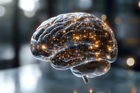 Glowing digital brain with circuit patterns and neural connections on blurred background showcases artificial intelligence and machine learning technology advancement.