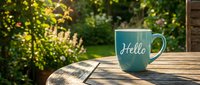 Teal ceramic mug with Hello inscription steaming on rustic wooden table in sunny garden, warm morning atmosphere for lifestyle and greeting concepts.