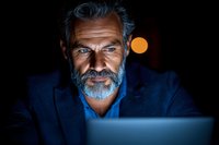 Mature businessman with gray beard working late at night on laptop, illuminated by screen glow in dark office, wearing navy blue suit jacket.