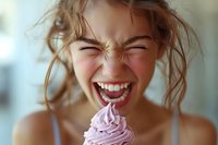 Young girl with light brown hair and fair complexion eating purple frosted cupcake with joyful expression, mouth wide open in laughter and delight, indoor setting with soft natural lighting.