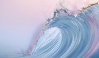 Powerful ocean wave curling in soft pastel colors against pink and purple sky, dynamic water movement with spray creating ethereal atmosphere. Artistic nature composition.