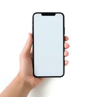 Hand holding modern smartphone with blank white screen on white background, isolated mockup for app and web design presentation.