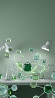 Green molecular structure model with glowing atomic bonds in modern laboratory setting for scientific research and chemistry education concepts.