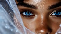 Young woman with striking blue eyes and water droplets on face showcasing natural beauty and skincare hydration concept for wellness advertising.