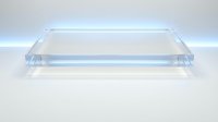 Clear acrylic display stand or tray with transparent edges on white background, modern minimalist design for product presentation and retail showcase.