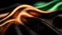 Glowing orange and green waves with sparkling particles flow against dark background creating mesmerizing abstract light effect pattern.
