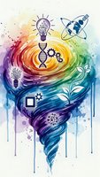 Colorful watercolor tornado swirl with innovation symbols lightbulb DNA helix gears satellite plant microchip globe representing technology science progress.
