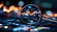 Stock market graph reflected in magnifying glass with blurred trading chart background, financial data analysis and investment concept. Bokeh lights create depth.