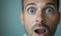 Close up portrait of surprised Caucasian man with bright blue eyes and facial hair expressing shock and amazement with open mouth against blurred background.