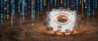 Glowing mechanical gear with digital data streams and circuit patterns on sandy surface representing technology innovation and industrial automation concepts.