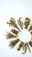 Dried herbs and spices arranged with glass bottles containing essential oils on white background for natural medicine and aromatherapy applications.