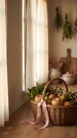 Wicker basket filled with fresh apples and herbs on wooden floor in cozy kitchen interior with natural sunlight streaming through window curtains.