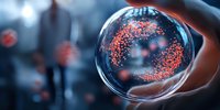 Microscopic view of red virus particles in glass sphere, scientific research concept against blurred laboratory background with scientist silhouette.