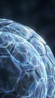 Futuristic transparent sphere with glowing blue energy patterns floating in dark space with stars for sci-fi and technology concepts.