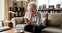 Senior Caucasian woman with curly gray hair sitting on beige sofa using smartphone in cozy living room with bookshelves and family photos.