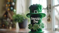 Festive green leprechaun hat decorated with shamrock designs and holiday text, perfect for St Patrick's Day celebrations and seasonal marketing materials, photographed in soft window light.