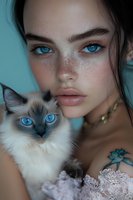 Young woman with blue eyes and freckles holding Siamese cat with matching blue eyes. Soft teal background and delicate lace details create dreamy portrait composition.