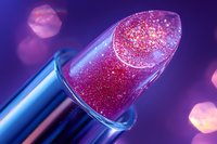 Sparkling red lipstick with glitter particles close-up on purple background with bokeh lights, macro cosmetic photography showing luxury makeup product detail.