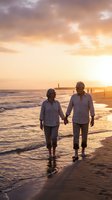 Senior couple holding hands walking on beach at sunset with golden sky and ocean waves creating romantic atmosphere for retirement lifestyle.