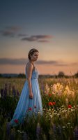 Young woman with blonde braided hair wearing light blue flowing dress standing in wildflower field at golden hour sunset, surrounded by purple lupines and red poppies for editorial and lifestyle use.