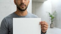 Adult male with dark hair and beard, medium complexion, wearing casual gray t-shirt, holding blank white paper sign in modern interior space with potted plant background.