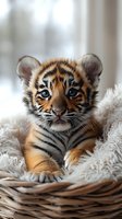 Adorable baby tiger cub with bright blue eyes resting in woven basket with soft white fur blanket, close-up portrait showing detailed stripes and facial features.