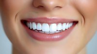 Close-up of woman's radiant smile showing perfect white teeth and glossy lips. Professional dental care and oral hygiene concept for healthcare marketing.