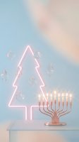 Pink neon Christmas tree and golden menorah with lit candles on pastel gradient background for holiday celebration and interfaith festivities.