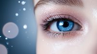 Close-up of bright blue eye with professional makeup, long eyelashes and shimmering eyeshadow on light skin against dark background with bokeh lights.