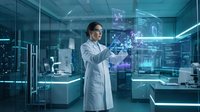 Asian female scientist in white lab coat working with holographic data interface in modern laboratory for medical research and technology innovation.