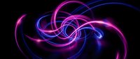 Glowing neon swirls in magenta and blue create dynamic abstract curves on dark background, suitable for digital design and modern graphics.