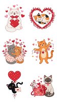 Cute cats with hearts and love symbols isolated on white background, ready for Valentine's Day designs, greeting cards, t-shirts and children's illustrations.