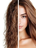 Split view comparison showing dramatic hair transformation from frizzy, unmanaged curls to smooth, straight styled brown hair, highlighting professional salon treatment results.