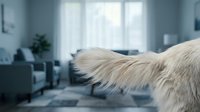 Fluffy cream-colored fur texture in modern living room interior with soft natural lighting and contemporary furniture for cozy home decor concepts.