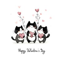 Three adorable black and white cats holding pink hearts with decorative branches and Happy Valentine's Day text on white background for romantic greeting cards.