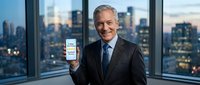 Confident mature businessman in suit displaying smartphone with mobile app in modern office overlooking city skyline at dusk for corporate technology presentations.