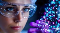 Young female scientist in protective eyewear observing glowing particles against dark background with purple and blue bokeh lights creating magical atmosphere.