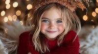 Young girl with blonde hair wearing red sweater smiling warmly against blurred holiday lights background, creating magical winter atmosphere.
